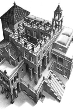 M.C. Escher με τίτλο "Ανεβαίνοντας και Κατεβαίνοντας" (Ascending and Descending), Εκτύπωση έργο τέχνης σε κάμβα τελαρωμένο κάθετο 50Χ70εκ 