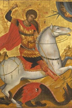 Η εικόνα με τον Άγιο Γεώργιο τον Δρακοντοκτόνο, ένα από τα πιο δημοφιλή θέματα στη βυζαντινή και μεταβυζαντινή αγιογραφία.  Εκτύπωση έργο τέχνης σε κάμβα τελαρωμένο κάθετο 50Χ70εκ 