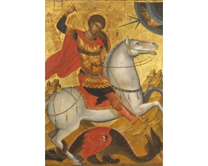 Η εικόνα με τον Άγιο Γεώργιο τον Δρακοντοκτόνο, ένα από τα πιο δημοφιλή θέματα στη βυζαντινή και μεταβυζαντινή αγιογραφία.  Εκτύπωση έργο τέχνης σε κάμβα τελαρωμένο κάθετο 50Χ70εκ 