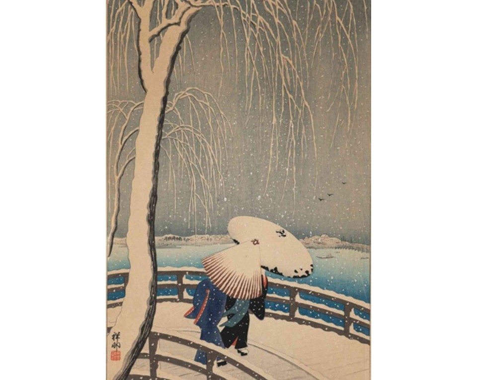 ΠΙΝΑΚΑΣ ΣΕ ΚΑΜΒΑ Ohara Koson - Χιόνι στη Γέφυρα της Ιτιάς