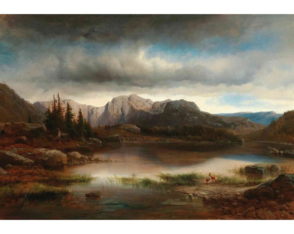 ΠΙΝΑΚΑΣ ΣΕ ΚΑΜΒΑ Carl Millner - Απογευματινό Τοπίο σε Ορεινή Λίμνη