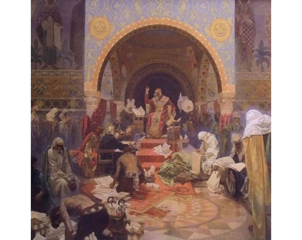 ΠΙΝΑΚΑΣ ΣΕ ΚΑΜΒΑ Alphonse Mucha - Ο Βούλγαρος Τσάρος Συμεών: Η Αυγή της Σλαβικής Λογοτεχνίας