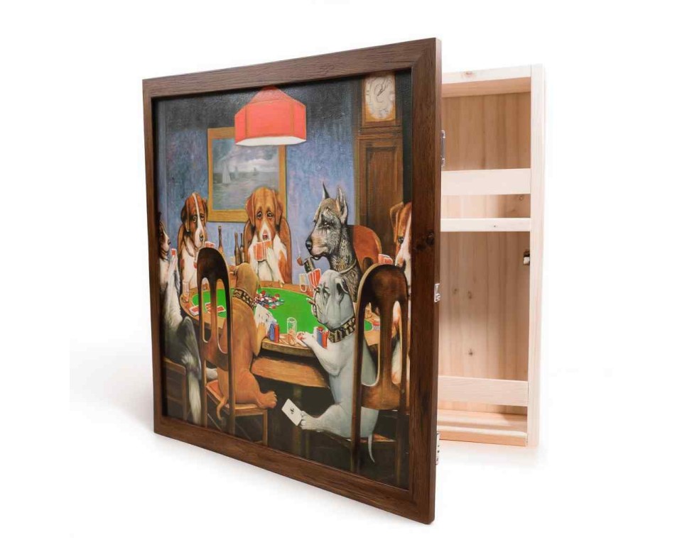 Κάβα mini bar τοίχου με καμβά ζωγραφικής ''σκυλιά παίζουν πόκερ''  50εκ πλάτος 60εκ ύψος  14εκ βάθος