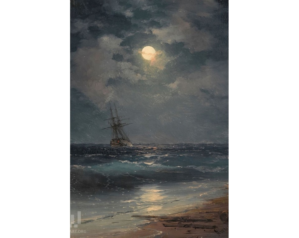 "Moonlit Landscape with a Ship" (Σεληνόφωτο τοπίο με πλοίο), ο οποίος δημιουργήθηκε από τον Ρώσο ζωγράφο Ιβάν Κονσταντίνοβιτς Αϊβαζόφσκι (Ivan Konstantinovich Aivazovsky). Εκτύπωση έργο τέχνης σε κάμβα τελαρωμένο κάθετο 40Χ60εκ 