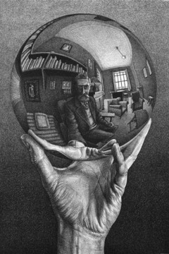 Τίτλος: "Χέρι με σφαιρική αντανάκλαση" (Hand with Reflecting Sphere). Καλλιτέχνης: Μ.Κ. Έσερ (Maurits Cornelis Escher). Εκτύπωση έργο τέχνης σε κάμβα τελαρωμένο κάθετο 40Χ60εκ 