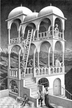  M.C. Escher (Μάουριτς Κορνέλις Έσερ) με τίτλο "Belvedere" (Μπελβεντέρε), Εκτύπωση έργο τέχνης σε κάμβα τελαρωμένο κάθετο 40Χ60εκ 