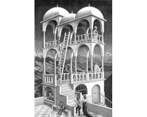  M.C. Escher (Μάουριτς Κορνέλις Έσερ) με τίτλο "Belvedere" (Μπελβεντέρε), Εκτύπωση έργο τέχνης σε κάμβα τελαρωμένο κάθετο 40Χ60εκ 