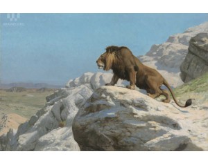 Ζαν-Λεόν Ζερόμ (Jean-Léon Gérôme) με τίτλο "Λιοντάρι σε Παρακολούθηση" ή "Lion on the Watch".  Εκτύπωση έργο τέχνης σε κάμβα τελαρωμένο οριζόντιο 40Χ60εκ 